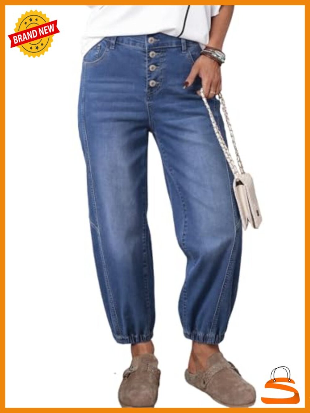 Harem Jeans for Women Button Front Casual Trendy Loose Fit Baggy Denim Pants